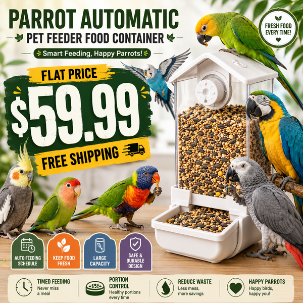 Parrot Automatic Pet Feeder Food Container shown with several live parrots around it on a white background with promotional text and feature icons.
