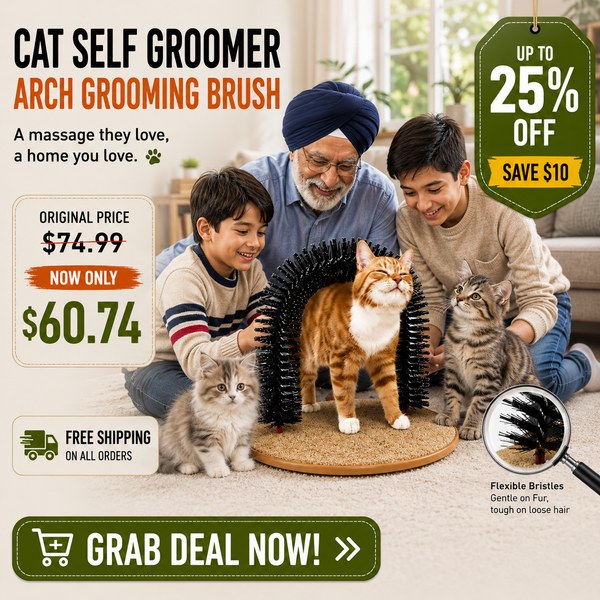 A family in a living room uses a cat self groomer arch grooming brush with two cats. The ad includes promotional text, pricing, a discount badge, and a feature callout about flexible bristles.