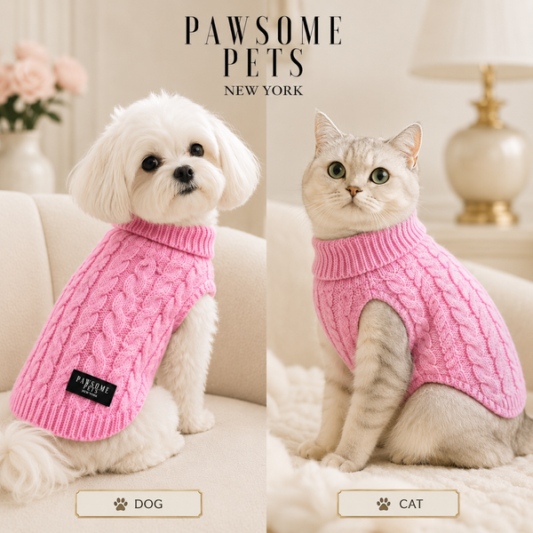 (EXTRA WARM) DOG AND CAT CABLE KNIT SWEATER - PINK
