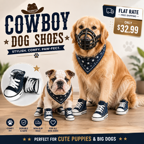 A golden retriever and an English bulldog wearing navy blue cowboy dog shoes with white star-patterned bandanas, shown in a styled indoor setting with promotional text overlays.