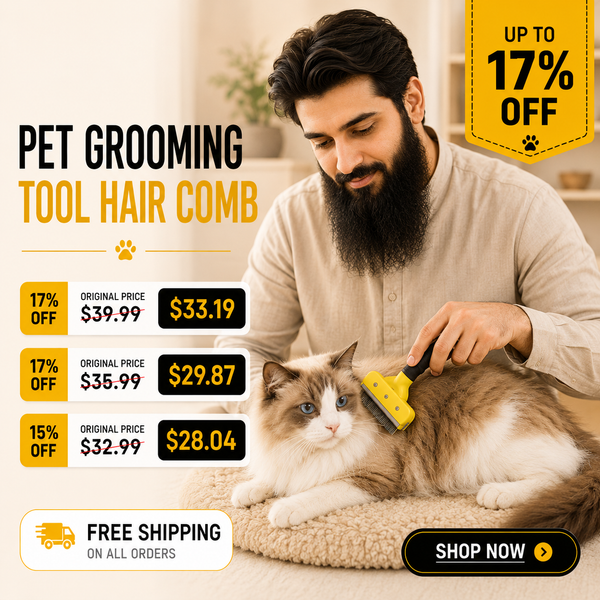 A man with a beard grooming a fluffy brown and white cat with a yellow pet grooming tool hair comb. The image features promotional text overlays including 'PET GROOMING TOOL HAIR COMB', pricing details, 'UP TO 17% OFF', and 'FREE SHIPPING ON ALL ORDERS'.