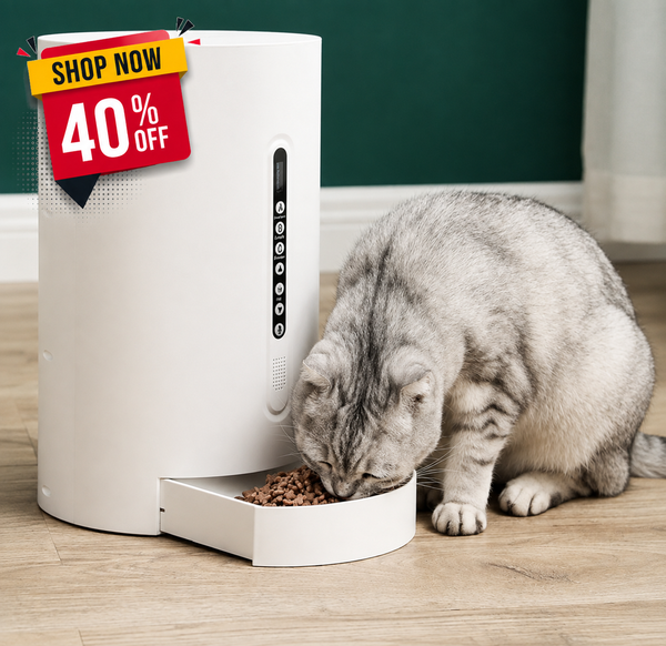 A gray tabby cat eating from a white automatic pet feeder on a light wood floor, with a green wall in the background and a red 'SHOP NOW 40% OFF' promotional badge overlay.