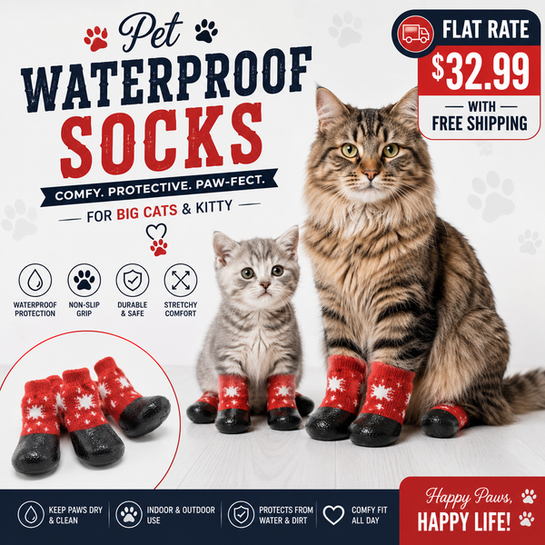 Promotional graphic for pet waterproof socks showing two cats wearing red and white paw-print booties, with a close-up inset of a pair of socks and marketing text including 'Pet Waterproof Socks' and a flat rate of $32.99.