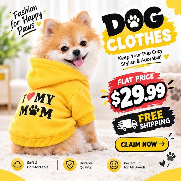 A small fluffy dog wearing a bright yellow hoodie with 'I ♥ MY MOM' and a paw print on the front. The image is a promotional ad with text overlays including 'DOG CLOTHES', 'FLAT PRICE $29.