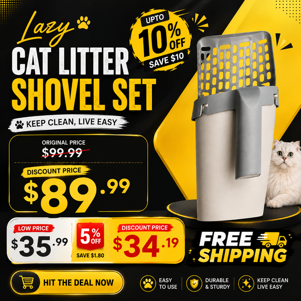 A promotional graphic for a Lazy Cat Litter Shovel Set, showing the automatic cat litter container on a black and yellow background with discount text, a small cat photo, and shipping benefits.