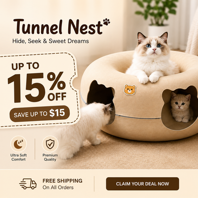 A beige donut-shaped cat bed labeled Tunnel Nest, shown with two cats in a softly lit indoor setting. Large sale text on the left reads 'UP TO 15% OFF' and includes icons for ultra soft comfort and premium quality.