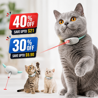 A gray cat wearing a laser pointer collar is shown in a bright indoor setting, with the product demonstrated with a red laser dot. Two smaller kittens are also present, along with promotional sale text overlays reading 40% off and 30% off.