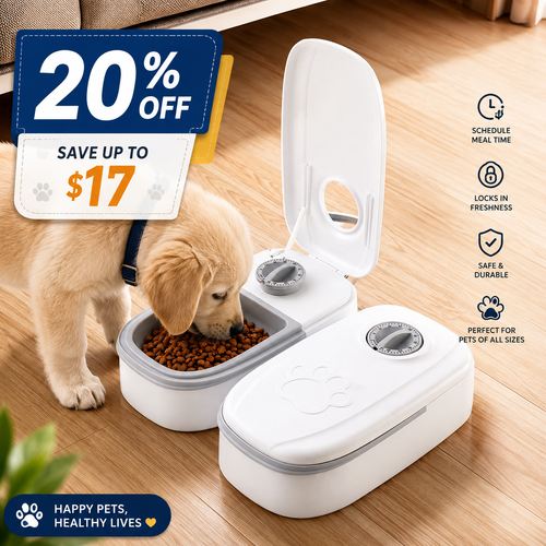 Two white automatic pet food dispensers on a wooden floor, with a small golden retriever eating from one dispenser. The image includes a '20% OFF' promotional badge on the left and feature icons on the right.