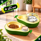 Two green and yellow pet feeding stations with bowls and a water dish, shown on a wooden floor in a bright room. One station has kibble in a bowl, and both have a small tea light cup.
