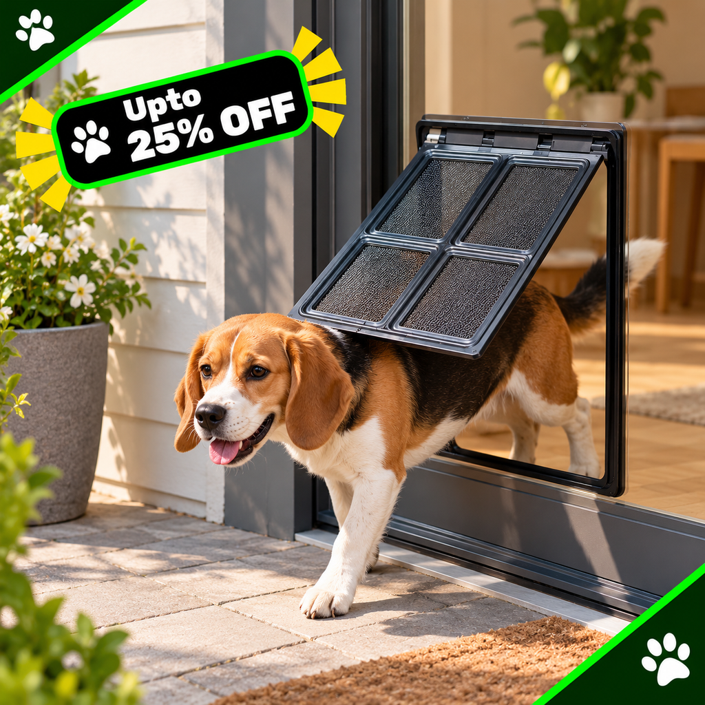 A beagle dog walks through a black automatic sliding pet door installed on a glass patio door, with a green 'Upto 25% OFF' promotional overlay in the top left corner.