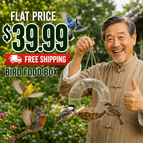 A smiling man in a beige traditional outfit holds a clear hanging bird feeder filled with seed outdoors in a garden. Several birds are flying and perched around the feeder, with large promotional text reading 'FLAT PRICE $39.