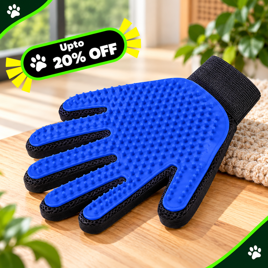 A blue and black pet grooming glove with silicone nubs on the palm, shown on a wooden surface with a decorative promotional badge reading 'Upto 20% OFF'.