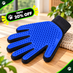 A blue and black pet grooming glove with silicone nubs on the palm, shown on a wooden surface with a decorative promotional badge reading 'Upto 20% OFF'.