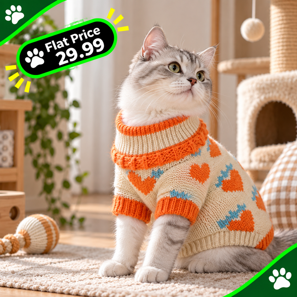 A gray and white cat wearing a cream knit sweater with orange and blue heart patterns, sitting on a rug in a cozy room with a cat tree and toys. A green promotional badge in the top left reads 'Flat Price 29.