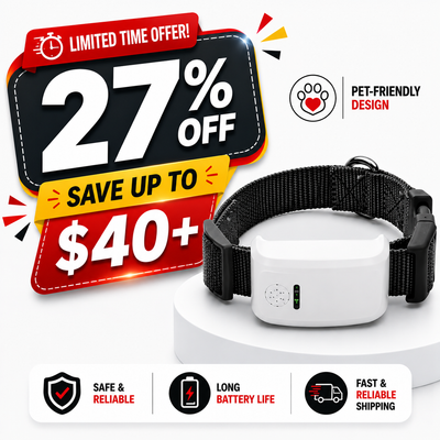 A pet collar device with a black woven strap and a white rectangular transmitter unit, shown on a white pedestal with promotional sale graphics and feature icons around it.