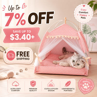 A pink pet tent with white polka dots and a white mesh canopy, shown with a gray cat lying inside. The image includes promotional text overlays such as 'Up to 7% OFF', 'SAVE UP TO $3.