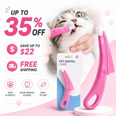 Pink pet dental cleaning tool shown both handheld on a cat and in its retail packaging, with promotional text offering up to 35% off and free shipping.