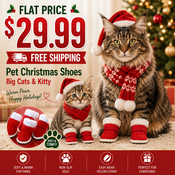 A cat and a kitten wearing red Santa hat, red patterned scarf, and red pet Christmas shoes, posed in front of a Christmas tree with large promotional text reading “Flat Price $29.99” and “Free Shipping.