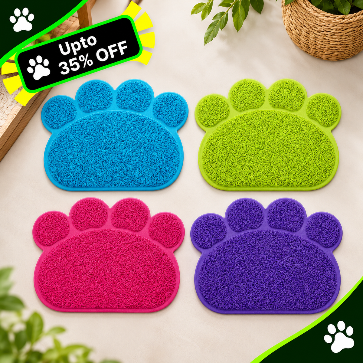 Four paw-shaped pet mats in blue, green, pink, and purple, arranged in a 2x2 grid on a light beige surface with decorative plants and a sale badge in the corner.