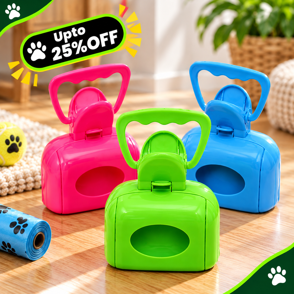 Three plastic pet poop bags in bright pink, green, and blue are arranged on a wooden floor, with a blue bag roll partially visible in the foreground. A green and black promotional badge in the top left reads 'Upto 25% OFF' with paw prints.