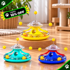 Three colorful cat toy frisbe toys in yellow, teal, and blue, displayed on wooden risers in a home setting with a green 'Upto 10% OFF' promotional banner overlay.