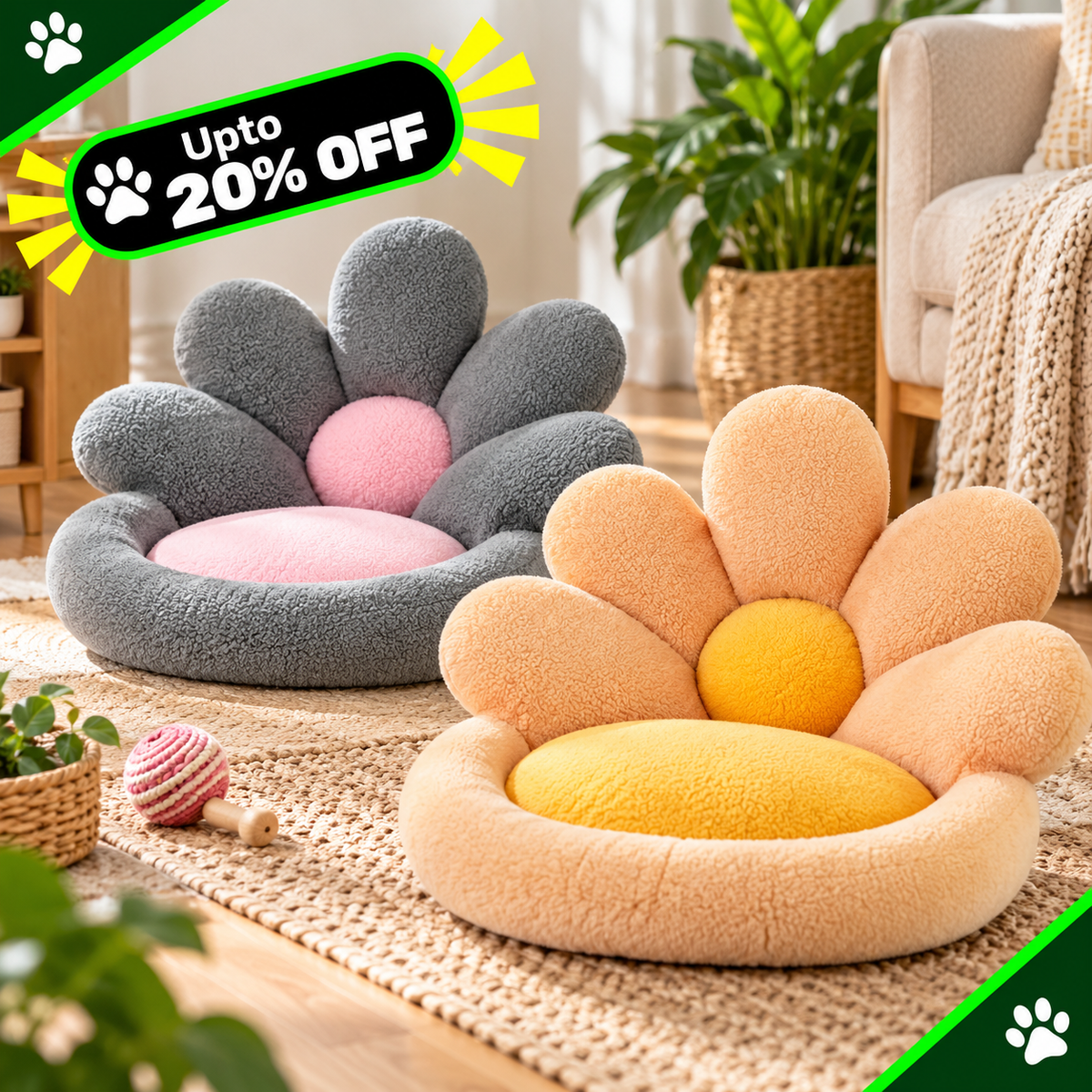 Two flower-shaped pet beds in a cozy living room setting, one in gray and pink and the other in peach and yellow, with a 'Upto 20% OFF' promotional banner in the top left corner.