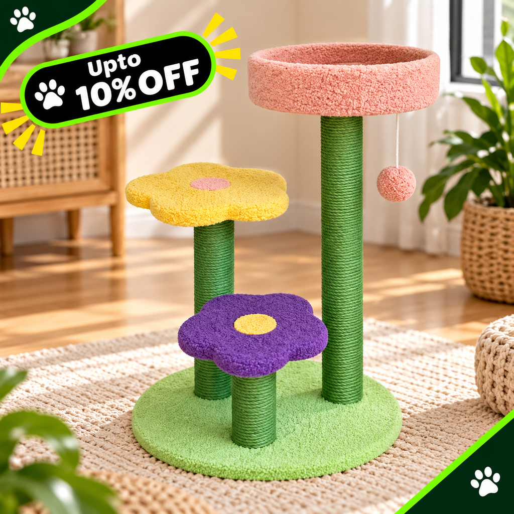 A multi-level cat tree with three flower-shaped platforms in yellow, purple, and pink, wrapped in green sisal rope on a light green circular base. The tree features a tall pole with a pink top perch and a hanging pink ball toy.