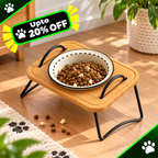 A pet elevated feeding tray with a bamboo-look wooden platform and black metal legs, holding a white bowl with a black rim filled with dry dog food. The tray is placed on a light wood floor in a home setting with a plant and rug visible.