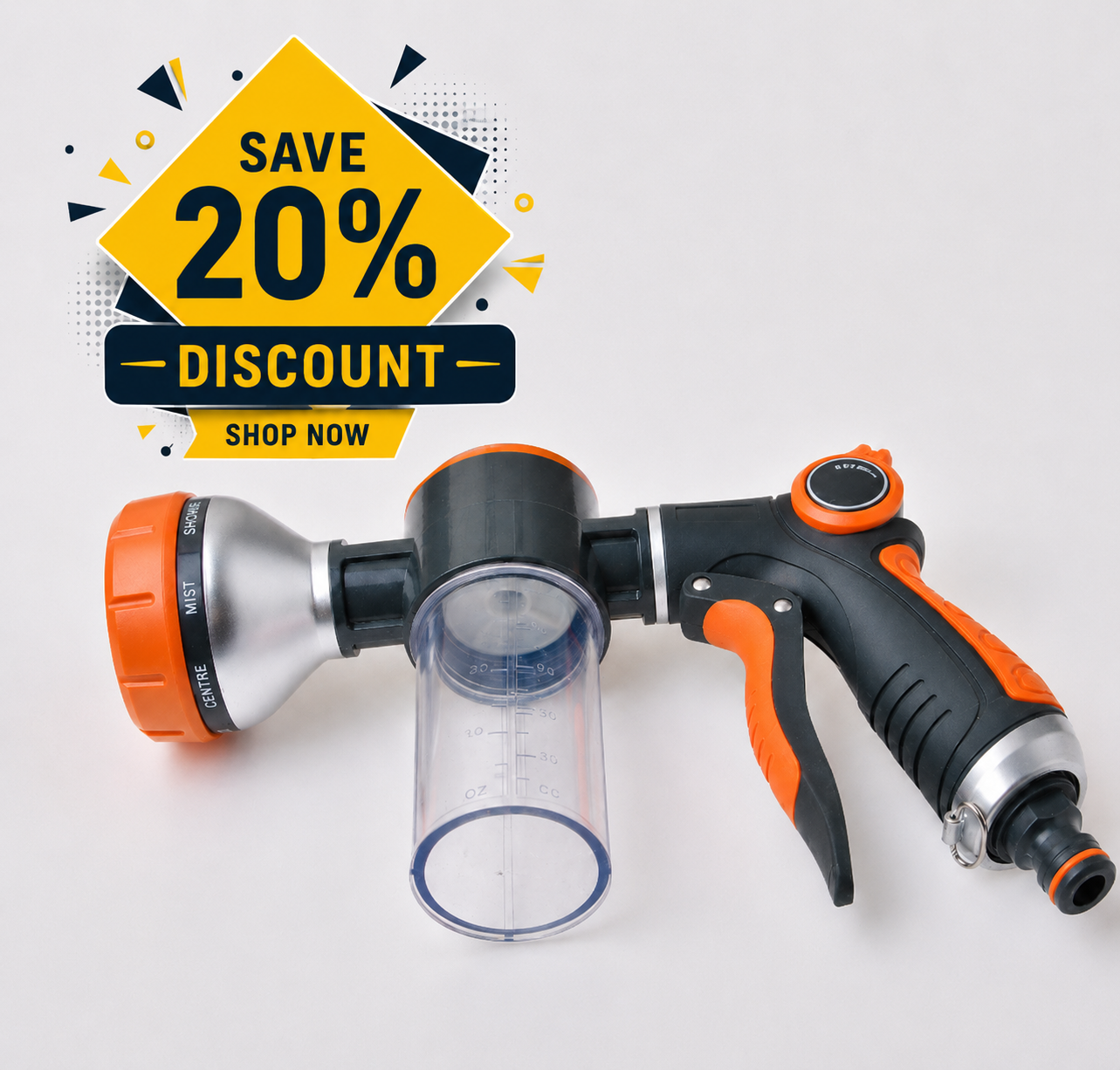 A high-pressure garden hose spray nozzle with a clear water collection cup, featuring a black and orange ergonomic handle and a silver spray head. A yellow 'SAVE 20% DISCOUNT SHOP NOW' promotional graphic is overlaid in the top left corner on a light gray background.
