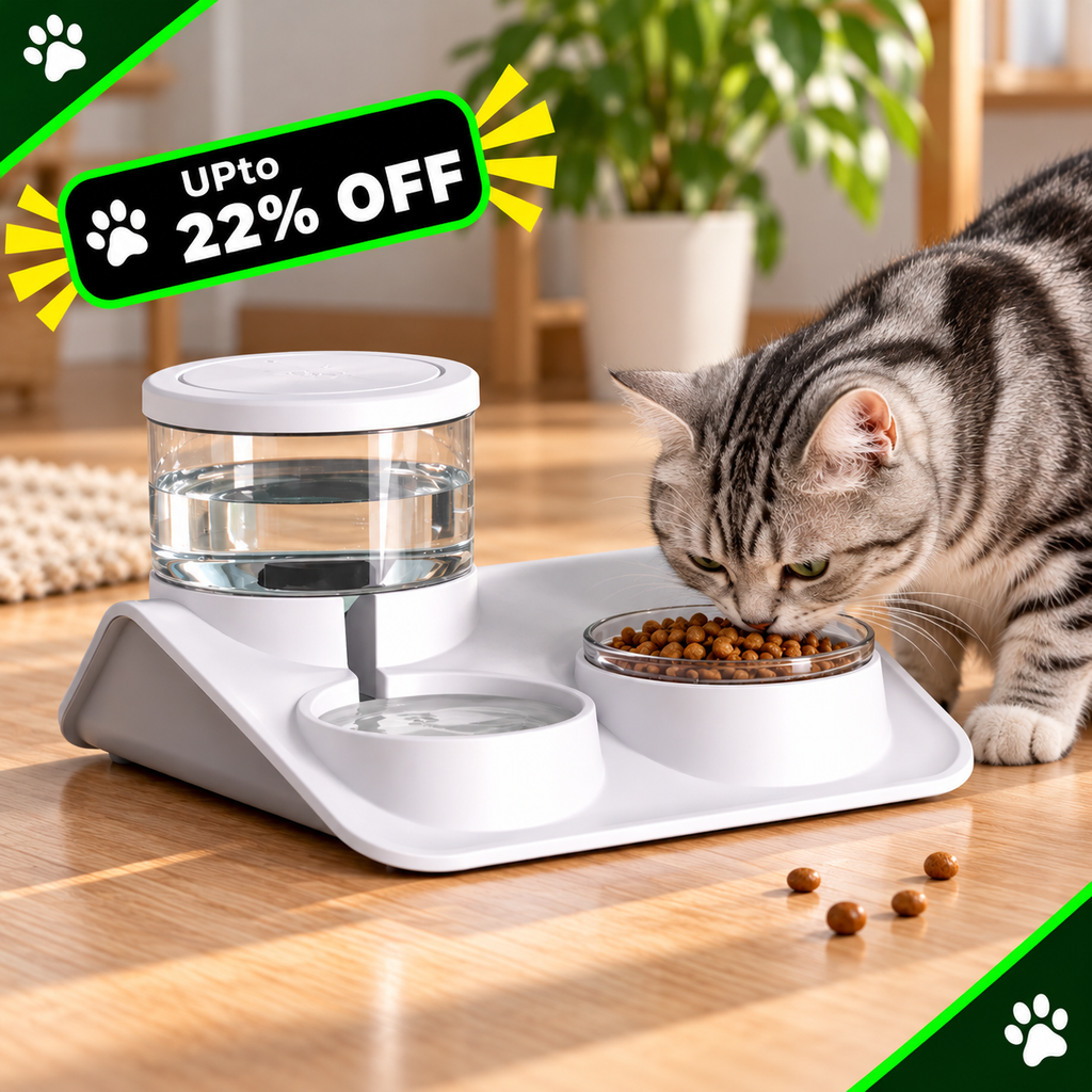 A white dual pet feeder and waterer with a bowl of kibble and a water reservoir sits on a wooden floor next to a tabby cat eating. A green and black 'Upto 22% OFF' promotional banner is overlaid in the top left corner.
