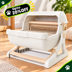 A white and beige automatic cat litter box with a hinged lid and elevated stand, shown on a wooden floor in a home setting. A green promotional badge in the top left reads 'Upto 20% OFF' with paw print icons.