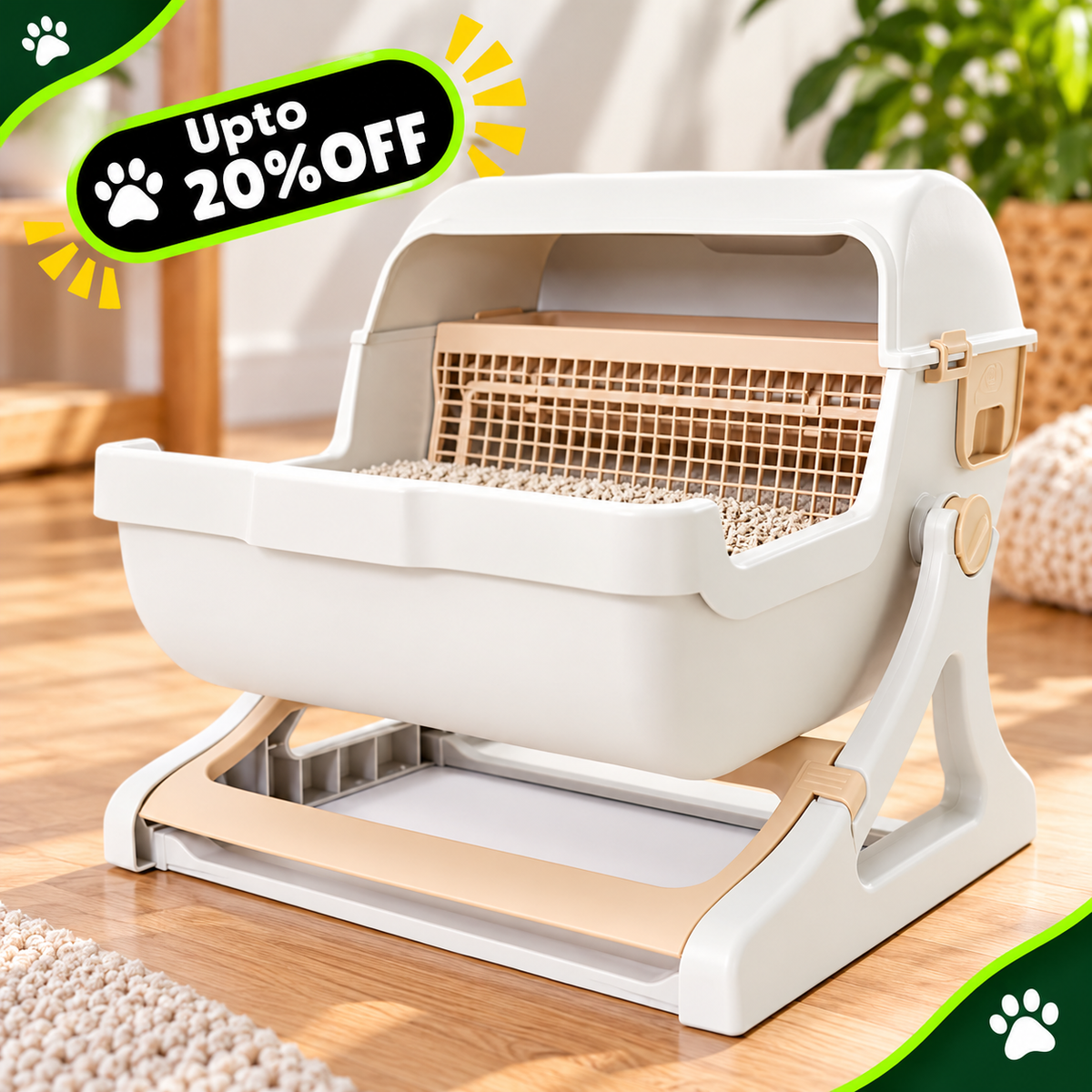 A white and beige automatic cat litter box with a hinged lid and elevated stand, shown on a wooden floor in a home setting. A green promotional badge in the top left reads 'Upto 20% OFF' with paw print icons.