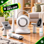 A pet grooming vacuum kit displayed on a wooden floor in a living room setting, featuring a white round vacuum cleaner, several attachment heads, a grooming brush, and a handheld trimmer. A green and black promotional banner in the top left corner reads 'Upto 25% OFF' with paw print icons.