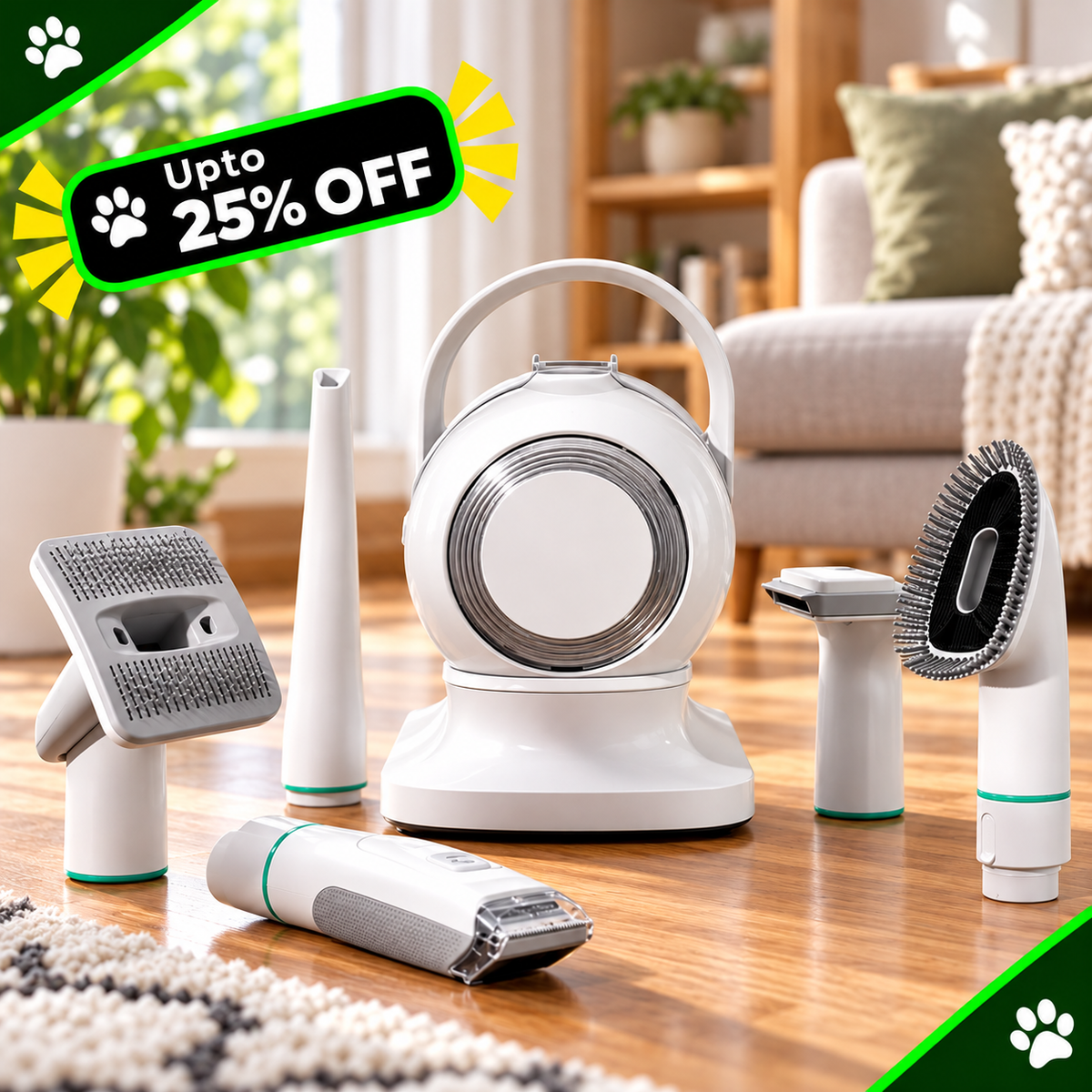 A pet grooming vacuum kit displayed on a wooden floor in a living room setting, featuring a white round vacuum cleaner, several attachment heads, a grooming brush, and a handheld trimmer. A green and black promotional banner in the top left corner reads 'Upto 25% OFF' with paw print icons.