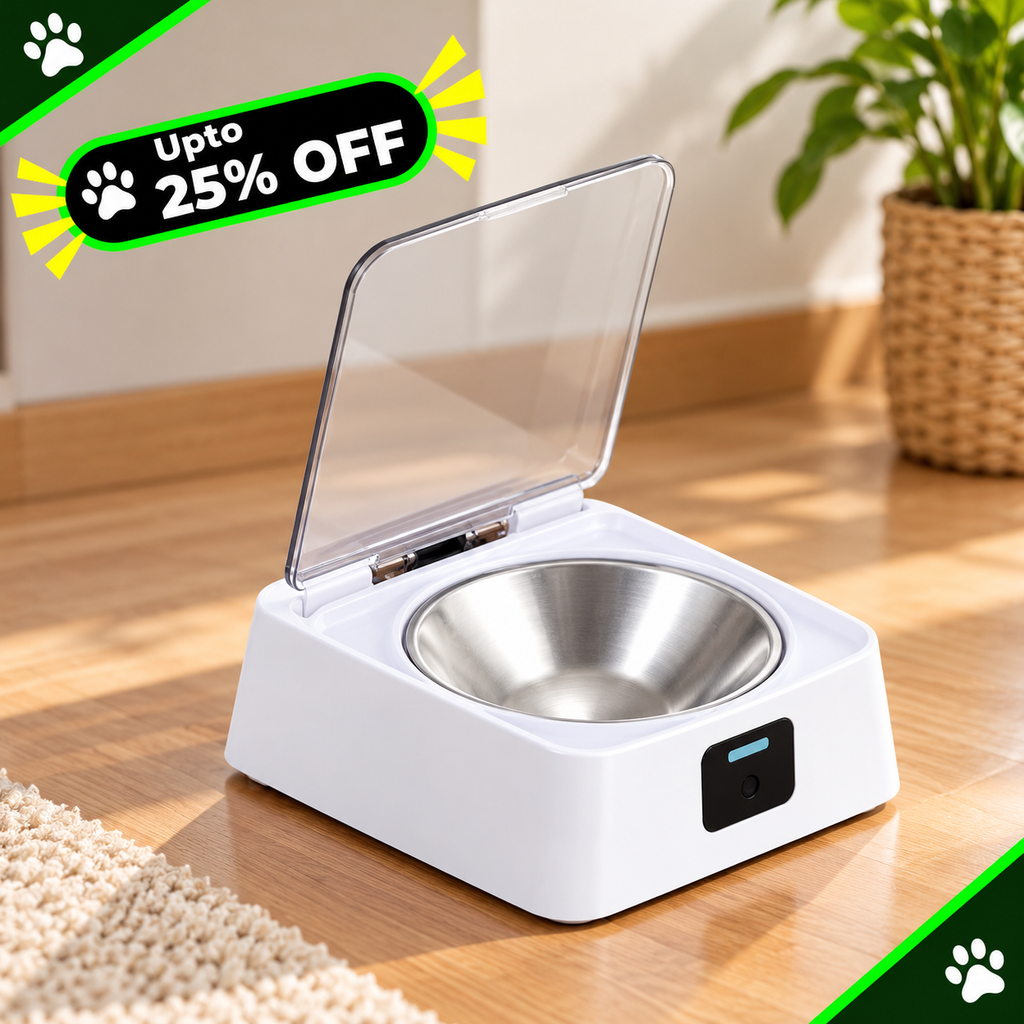 A white electric pet feeder with a stainless steel bowl and transparent lid, shown on a wooden floor in a home setting with a plant in the background. A green promotional badge reading 'Upto 25% OFF' is in the top-left corner.