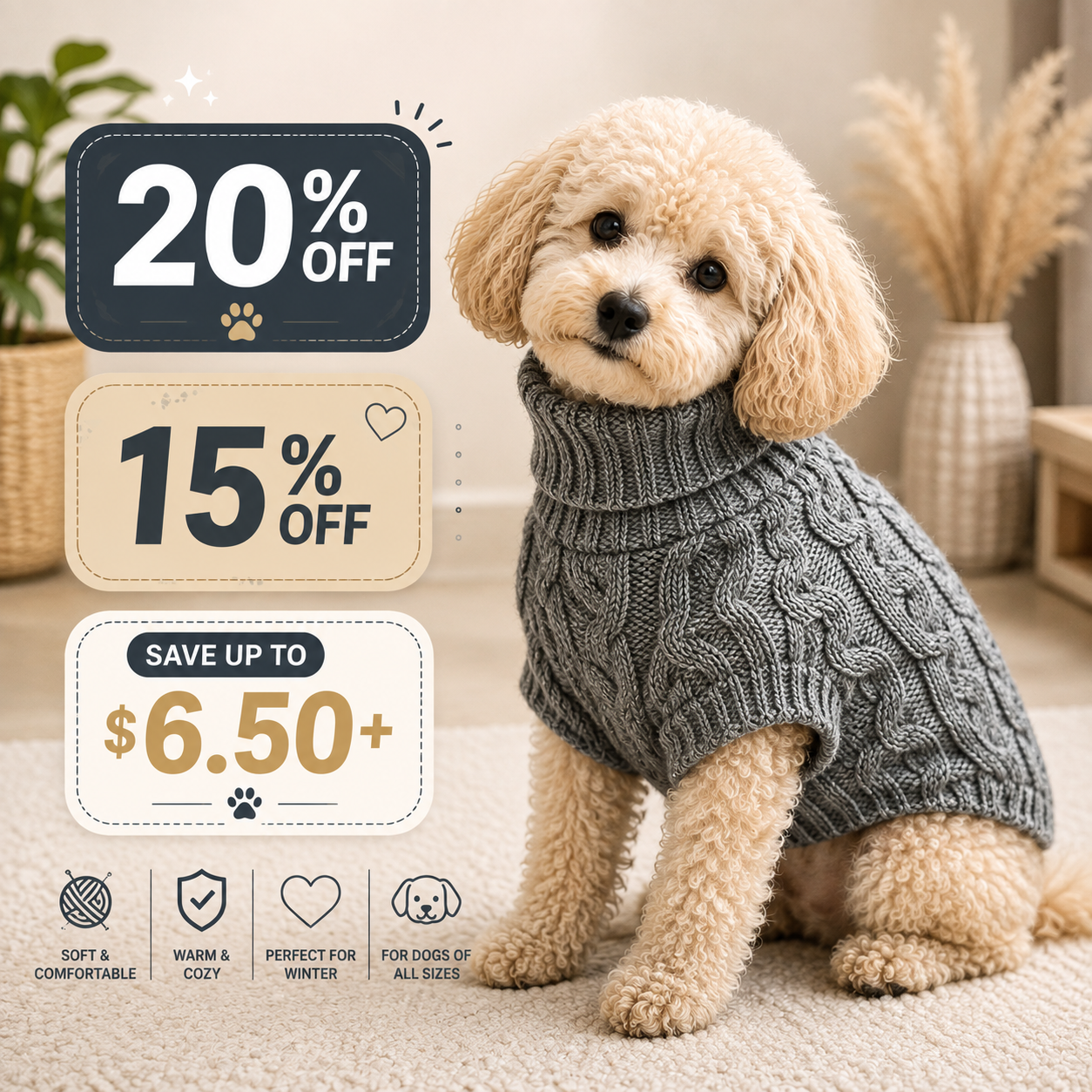 A small cream-colored poodle wearing a gray cable-knit turtleneck sweater, sitting on a beige carpet in a warm indoor setting. Promotional text overlays on the left advertise discounts: 20% off, 15% off, and save up to $6.