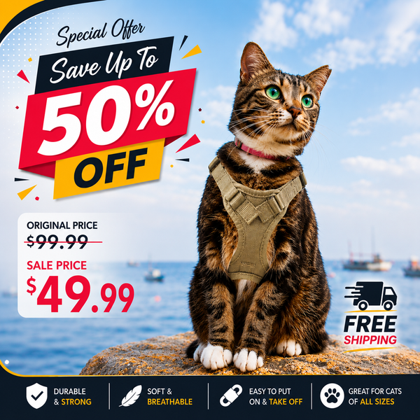 A tabby cat wearing a tan harness sits on a rock by the ocean, with large sale text reading 'Save Up To 50% OFF' and shipping/promo graphics around it.