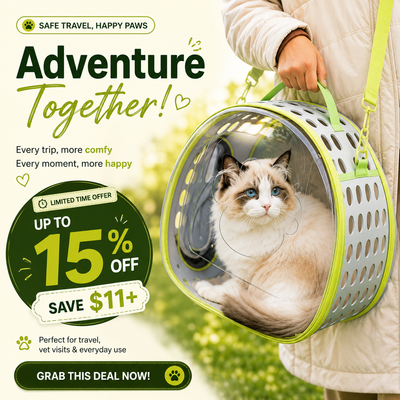 A cat carrier backpack with a clear dome and lime green trim, shown being carried by a person outdoors. A fluffy cream and brown cat is sitting inside the carrier.