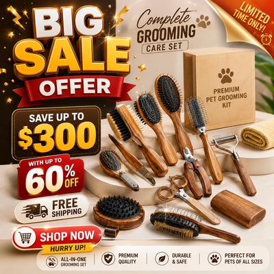 A promotional collage for a pet grooming care set showing multiple wooden-handled grooming tools arranged on a pedestal, including brushes, a clipper, a towel, and a branded box. Large sale text overlays read 'BIG SALE OFFER,' 'SAVE UP TO $300,' 'WITH UP TO 60% OFF,' 'FREE SHIPPING,' and 'SHOP NOW HURRY UP!'.