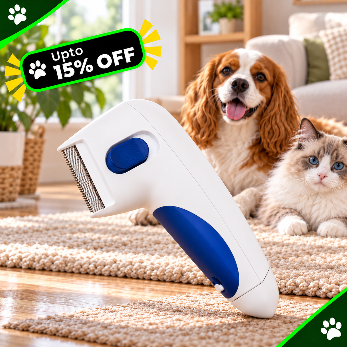A pet grooming brush with a white body and blue handle is shown in a living room setting with a dog and cat in the background. A green promotional badge in the top left says 'Upto 15% OFF'.