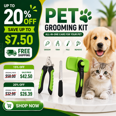Pet grooming kit advertisement featuring a golden retriever and a tabby kitten on a white marble surface, with three grooming tools displayed in front: clippers, a nail file, and a brush. Large promotional text on the left advertises up to 20% off and free shipping, and the kit title 'PET GROOMING KIT' appears at the top right.
