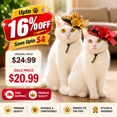 Two white cats wearing decorative pet hats and collars, seated indoors on a wooden floor with promotional sale text overlays and feature icons. The hats include gold and red floral embellishments with black ribbons.