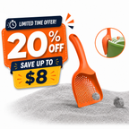 An orange plastic litter scoop shown on a pile of gray cat litter, with promotional sale graphics reading '20% OFF' and 'SAVE UP TO $8', plus a small inset showing the scoop inside a green litter box.