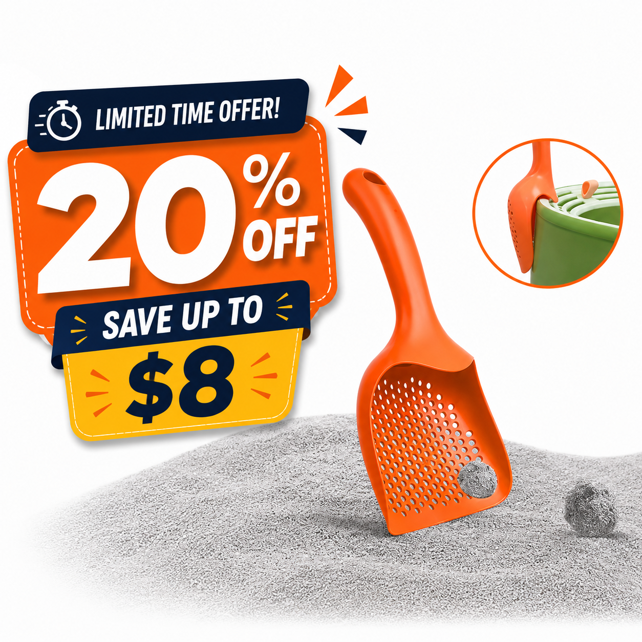 An orange plastic litter scoop shown on a pile of gray cat litter, with promotional sale graphics reading '20% OFF' and 'SAVE UP TO $8', plus a small inset showing the scoop inside a green litter box.