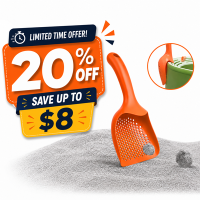 An orange plastic litter scoop shown on a pile of gray cat litter, with promotional sale graphics reading '20% OFF' and 'SAVE UP TO $8', plus a small inset showing the scoop inside a green litter box.