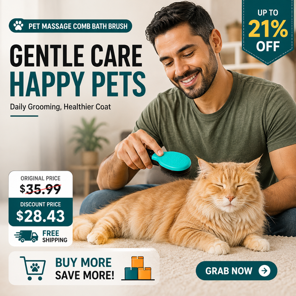 A man gently brushes an orange tabby cat with a teal pet massage comb in a cozy indoor setting. Large promotional text reads 'GENTLE CARE HAPPY PETS' with pricing and sale details, and the product appears in a lifestyle ad layout.