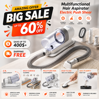 A promotional graphic for a multifunctional electric hair aspirator and shear. The main product is shown on a light beige towel with several attachments, plus large sale text ('BIG SALE', 'UP TO 60% OFF'), feature icons, and benefit callouts.