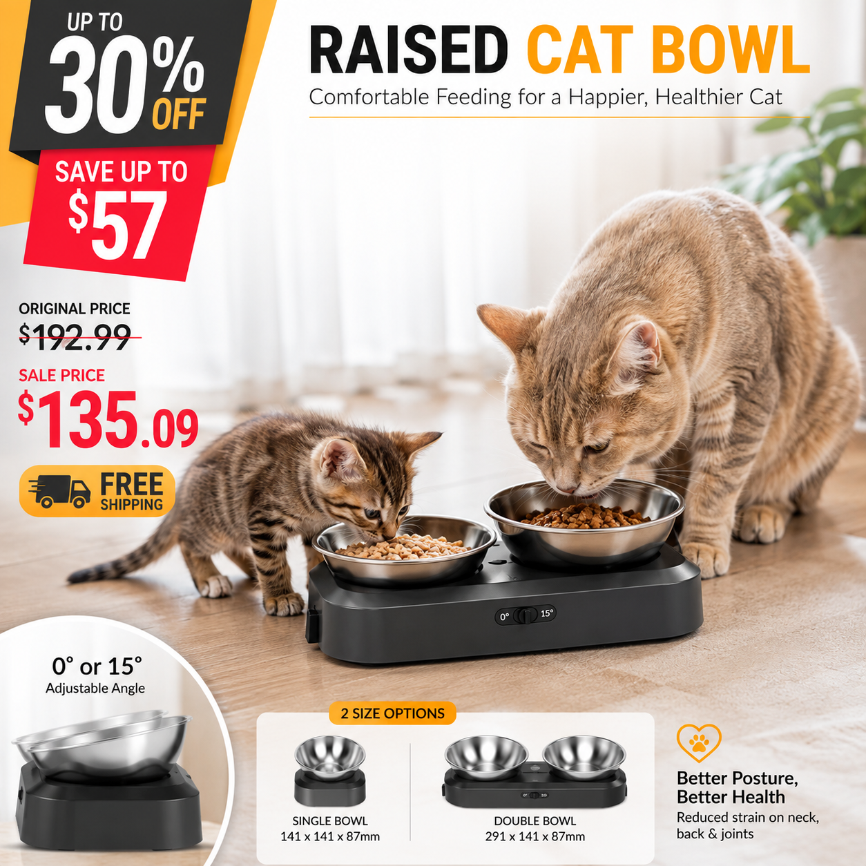 An automatic pet feeder shown with two cats eating from it in a home setting. The feeder is black with two stainless steel bowls.