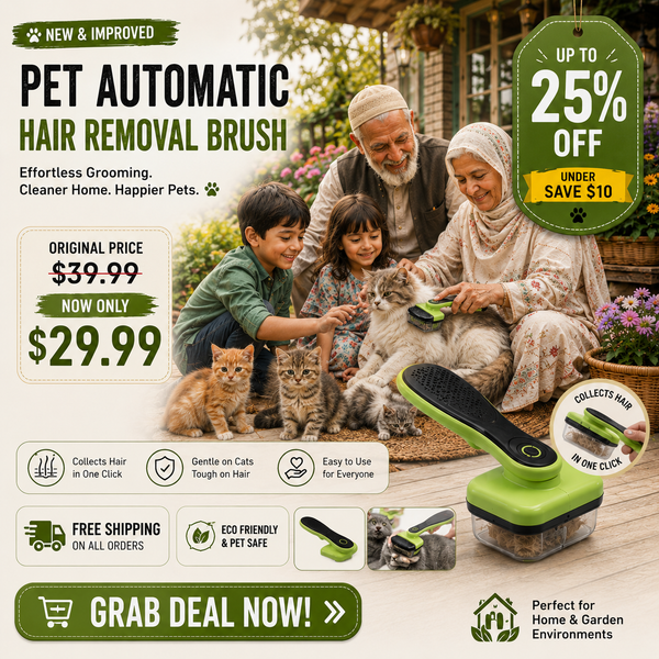 Promotional graphic for a pet automatic hair removal brush, featuring a family grooming a cat in a garden setting alongside the product close-up and feature icons. The ad includes pricing, discount badges, and shipping claims.