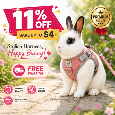 A white rabbit wearing a pink harness sits on a garden path with promotional sale text, a gold 'Premium Quality' seal, and feature icons for the harness product.